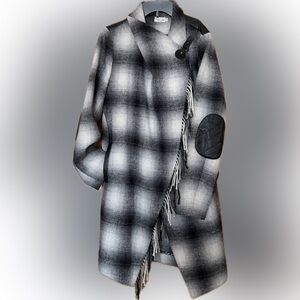 Tasha Polizzi wool black and white plaid coat wrap with fringe edge
